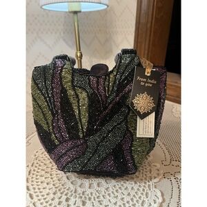 New Release - Rare- From India to You Green/Purple Abstract Beaded Bag Viral NWT